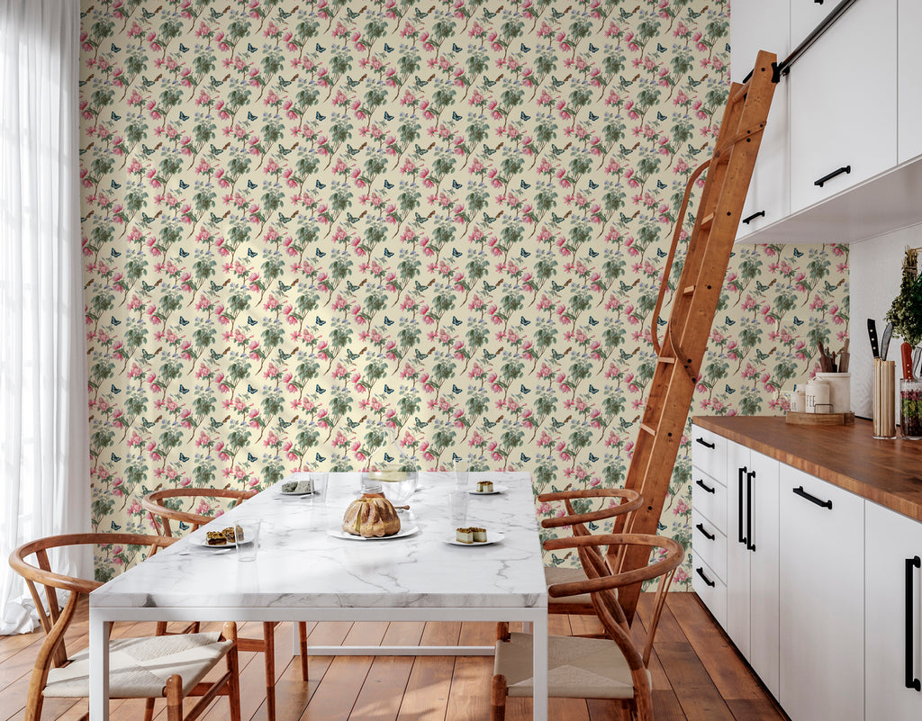 Papier peint -  Fleurs et papillons